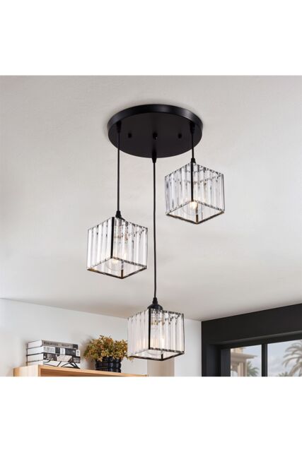 Living and Home 3-Light Crystal Ceiling Pendant Light Fixture in Black - image 1