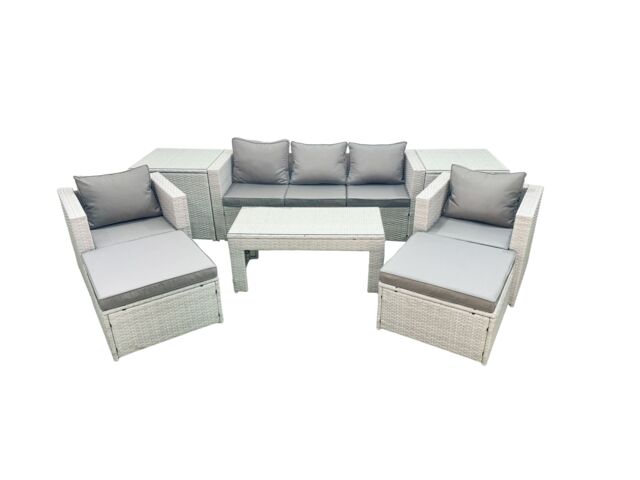 Fimous Rattan Garden Furniture Set 7 Seater Outdoor Garden Sofa 2 Chairs Oblong Coffee Table Set with 2 Stools 2 Side Tables Light Grey Mixed - image 1