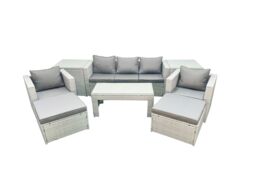 Fimous Rattan Garden Furniture Set 7 Seater Outdoor Garden Sofa 2 Chairs Oblong Coffee Table Set with 2 Stools 2 Side Tables Light Grey Mixed - thumbnail 1