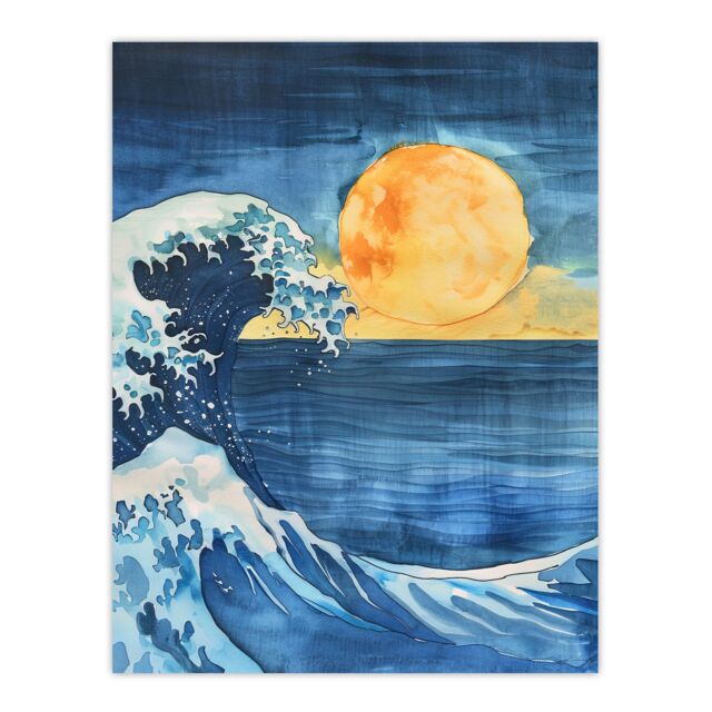 "Artery8 The Great Wave Sunrise Seascape Watercolour Wall Art Print in Blue - Size: W24"" x H32""" - image 1