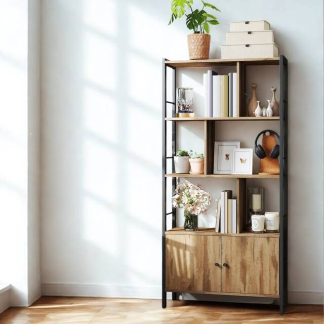 Pirlo Plush Industrial Bookcase Storage Cabinet Shelving Unit Rustic Oak in Light Oak - image 1