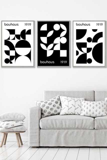 ARTZE Set of 3 Light Grey Framed Mid Century Bauhaus Black & White Wall Art - Size: W45 cm x H62 cm x D20mm - image 1