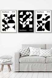 ARTZE Set of 3 Light Grey Framed Mid Century Bauhaus Black & White Wall Art - Size: W45 cm x H62 cm x D20mm - thumbnail 1