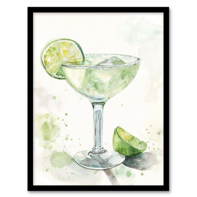 "Artery8 Lime Green Margarita Cocktail Modern Watercolour Framed Art Print - Size: W12"" x H16""" - image 1