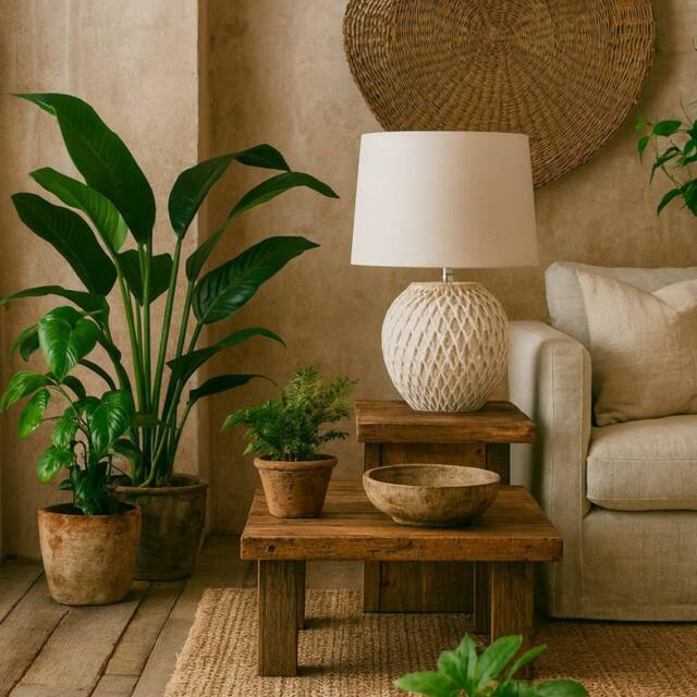Wyld Haus Bloomthorn Lattice Ceramic Table Lamp with Linen Shade in Beige - image 1