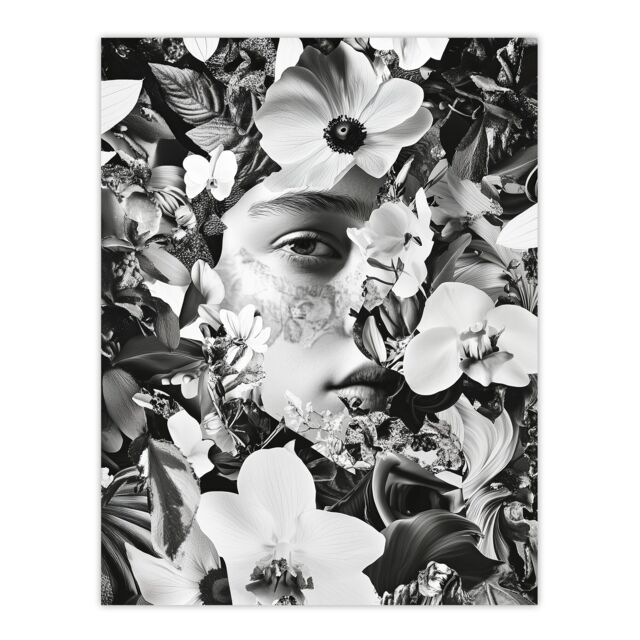 "Artery8 Spring Face Flower Blooms Black White Collage Wall Art Print in Grey - Size: W12"" x H16""" - image 1