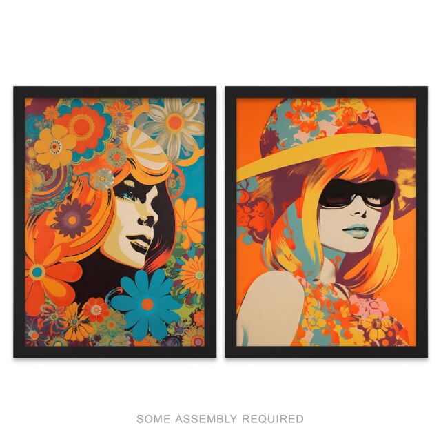 Artery8 A4 Wall Art & Frame Set of 2 1960 1970 Fashion Floral Vibrant Women in Orange - image 1