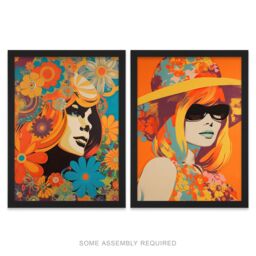 Artery8 A4 Wall Art & Frame Set of 2 1960 1970 Fashion Floral Vibrant Women in Orange - thumbnail 1