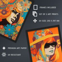 Artery8 A4 Wall Art & Frame Set of 2 1960 1970 Fashion Floral Vibrant Women in Orange - thumbnail 3