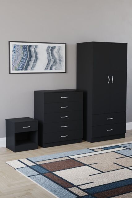 Home Discount Vida Designs Riano 3 Piece Bedroom Set with 5 Drawer Chest & Wardrobe in Black - image 1