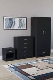 Home Discount Vida Designs Riano 3 Piece Bedroom Set with 5 Drawer Chest & Wardrobe in Black - thumbnail 1