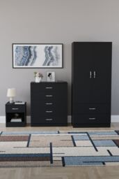 Home Discount Vida Designs Riano 3 Piece Bedroom Set with 5 Drawer Chest & Wardrobe in Black - thumbnail 4