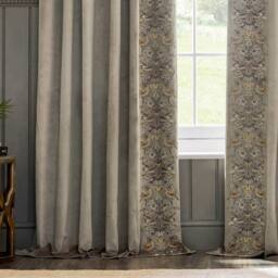 Morris & Co Strawberry Thief Embroidered Velvet Room Darkening Pencil Pleat Curtain Pair in Beige - Size: 117 cm width x 137 cm drop - thumbnail 5