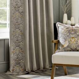 Morris & Co Strawberry Thief Embroidered Velvet Room Darkening Pencil Pleat Curtain Pair in Beige - Size: 117 cm width x 137 cm drop - thumbnail 4