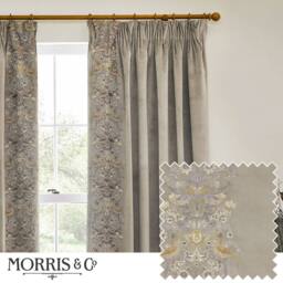 Morris & Co Strawberry Thief Embroidered Velvet Room Darkening Pencil Pleat Curtain Pair in Beige - Size: 117 cm width x 137 cm drop