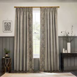 Morris & Co Strawberry Thief Embroidered Velvet Room Darkening Pencil Pleat Curtain Pair in Beige - Size: 117 cm width x 137 cm drop - thumbnail 7