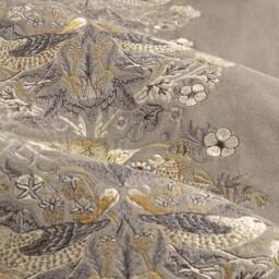 Morris & Co Strawberry Thief Embroidered Velvet Room Darkening Pencil Pleat Curtain Pair in Beige - Size: 117 cm width x 137 cm drop - thumbnail 6