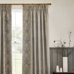 Morris & Co Strawberry Thief Embroidered Velvet Room Darkening Pencil Pleat Curtain Pair in Beige - Size: 117 cm width x 137 cm drop - thumbnail 3