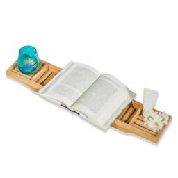 VOGREX Brown Bamboo Bathtub Caddy Tray Wood Bath Storage Organizer Shelf - thumbnail 3