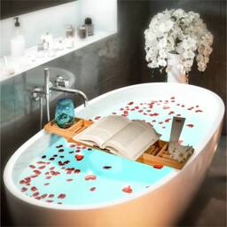 VOGREX Brown Bamboo Bathtub Caddy Tray Wood Bath Storage Organizer Shelf - thumbnail 5