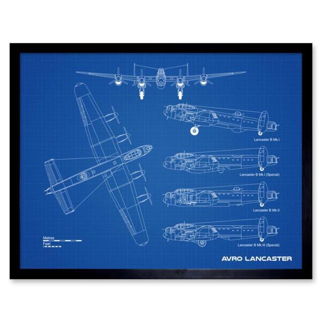 "Artery8 Avro Lancaster Bomber Aircraft Plane Blue Plan 12x16"" Framed Art Print - Size: W12"" x H16""" - image 1
