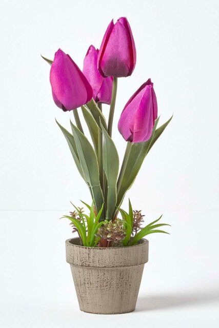 Homescapes Artificial Tulips in Grey Decorative Stone Pot, 27 cm in Purple - image 1