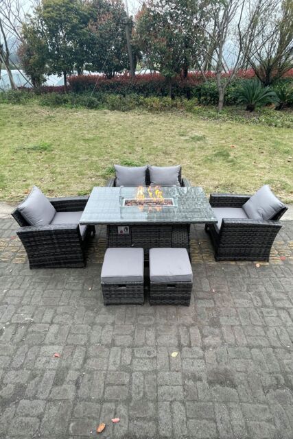 Fimous Rattan Outdoor Furniture Gas Fire Pit Rectangle Dining Table Gas Heater Chairs Love Sofa 6 Seater in Dark Grey