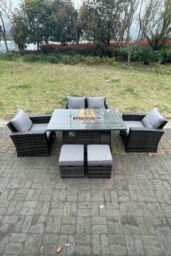 Fimous Rattan Outdoor Furniture Gas Fire Pit Rectangle Dining Table Gas Heater Chairs Love Sofa 6 Seater in Dark Grey - thumbnail 1