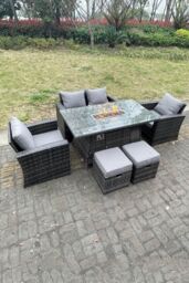 Fimous Rattan Outdoor Furniture Gas Fire Pit Rectangle Dining Table Gas Heater Chairs Love Sofa 6 Seater in Dark Grey - thumbnail 4