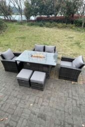 Fimous Rattan Outdoor Furniture Gas Fire Pit Rectangle Dining Table Gas Heater Chairs Love Sofa 6 Seater in Dark Grey - thumbnail 3