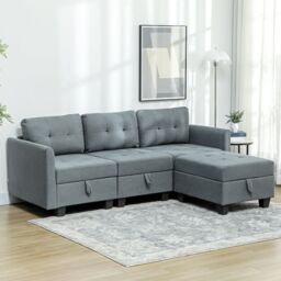 HOMCOM Convertible Modular Sectional Sofa w/ Storage Wood Frame Dark Grey - thumbnail 1