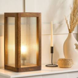 Wyld and Coco Mango Wood Table Lamp - Glass Panels Industrial Modern Brown - thumbnail 1