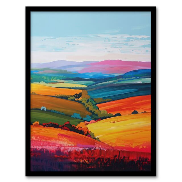 Artery8 Colourful Country Fields Rainbow Landscape Framed Art Print - Size: A4 - image 1