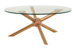 Orsina Distinctive Base Design Round Rose Gold Coffee Table, Elegant Display Table, Clear Tempered Glass Top Table