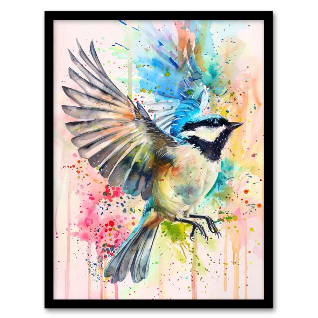 "Artery8 Bird in Flight Colourful Watercolour Painting Framed Art Print in Blue - Size: W12"" x H16""" - image 1