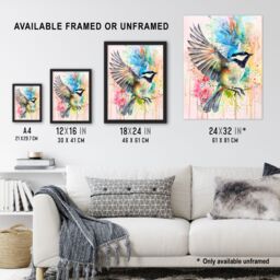 "Artery8 Bird in Flight Colourful Watercolour Painting Framed Art Print in Blue - Size: W12"" x H16""" - thumbnail 3