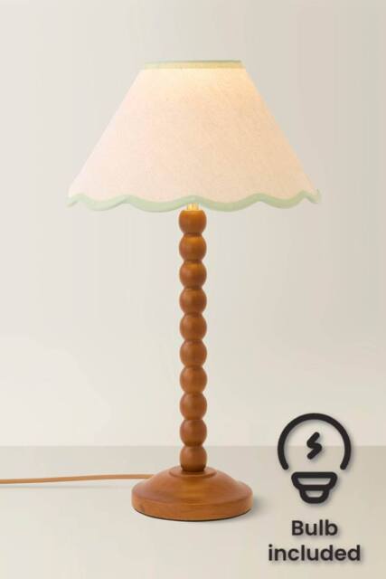 ValueLights Bobbin Colour Trim Linen Shade Walnut Bobble Table Lamp with Bulb in Pale Green - image 1