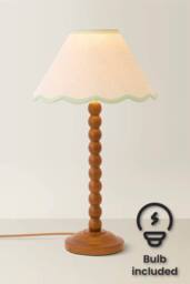 ValueLights Bobbin Colour Trim Linen Shade Walnut Bobble Table Lamp with Bulb in Pale Green