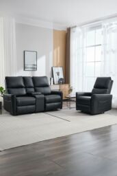 More4Homes Madrid 1+2 Seater W Console Manual Air Leather Recliner Sofa Set in Black