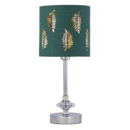 First Choice Lighting Chrome Jewelled Table Lamp with Dark Green Fern Shade in Silver