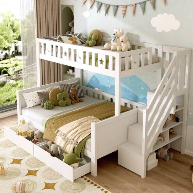 Matteo Solid Wood Bunk Bed with Storage & Star & Moon Motif - White - Size: Double - image 1