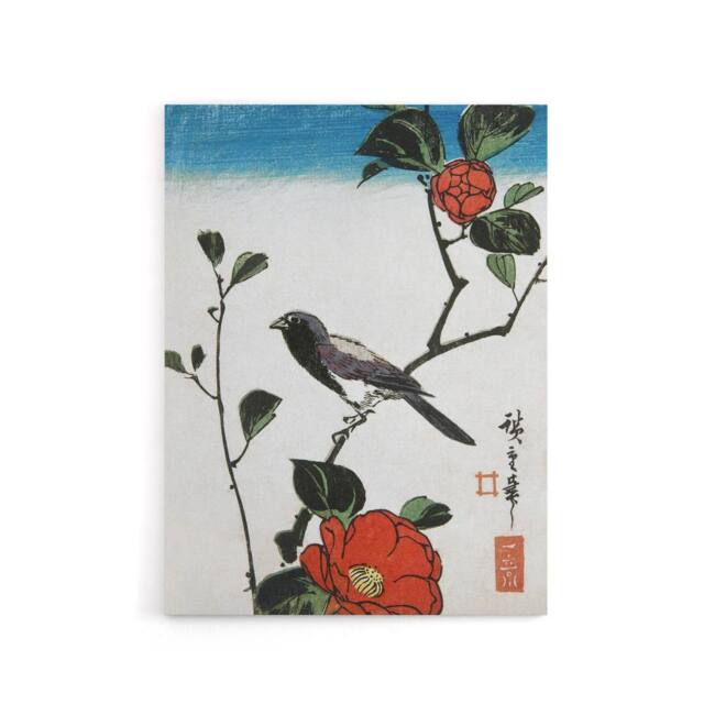 "Artery8 Japanese Bird On Camellia Branch Canvas Wall Art Print Hiroshige in Red - Size: W18"" x H24""" - image 1