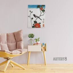 "Artery8 Japanese Bird On Camellia Branch Canvas Wall Art Print Hiroshige in Red - Size: W18"" x H24""" - thumbnail 3