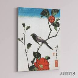 "Artery8 Japanese Bird On Camellia Branch Canvas Wall Art Print Hiroshige in Red - Size: W18"" x H24""" - thumbnail 2