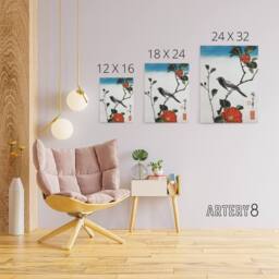 "Artery8 Japanese Bird On Camellia Branch Canvas Wall Art Print Hiroshige in Red - Size: W18"" x H24""" - thumbnail 4