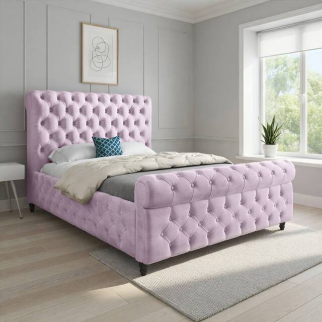 Casani Stenton Sleigh Upholstered Pink Soft Velvet Designer Bed Frame - Size: Small Single - image 1