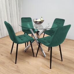 KOSY KOALA Dining Table & 4 Chairs Round Glass Table With 4 Green Velvet Chairs Dining Room Furniture Set in Clear