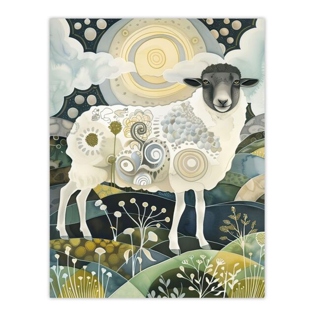 "Artery8 Stylised Sheep with Patterns Full Moon Folk Art Wall Art Print in Navy - Size: W24"" x H32""" - image 1