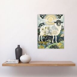 "Artery8 Stylised Sheep with Patterns Full Moon Folk Art Wall Art Print in Navy - Size: W24"" x H32""" - thumbnail 4