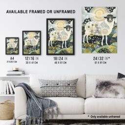 "Artery8 Stylised Sheep with Patterns Full Moon Folk Art Wall Art Print in Navy - Size: W24"" x H32""" - thumbnail 3